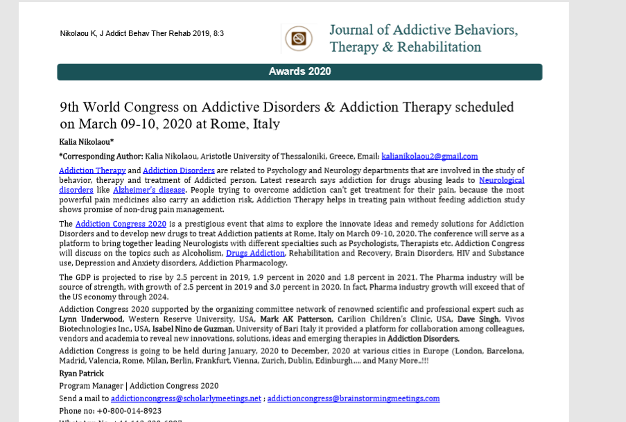 9th World Congress on Addictive Disorders & Addiction Therapy scheduled on March 09-10, 2020 at Rome, Italy