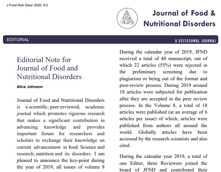 Editorial Note for Journal of Food and Nutritional Disorders