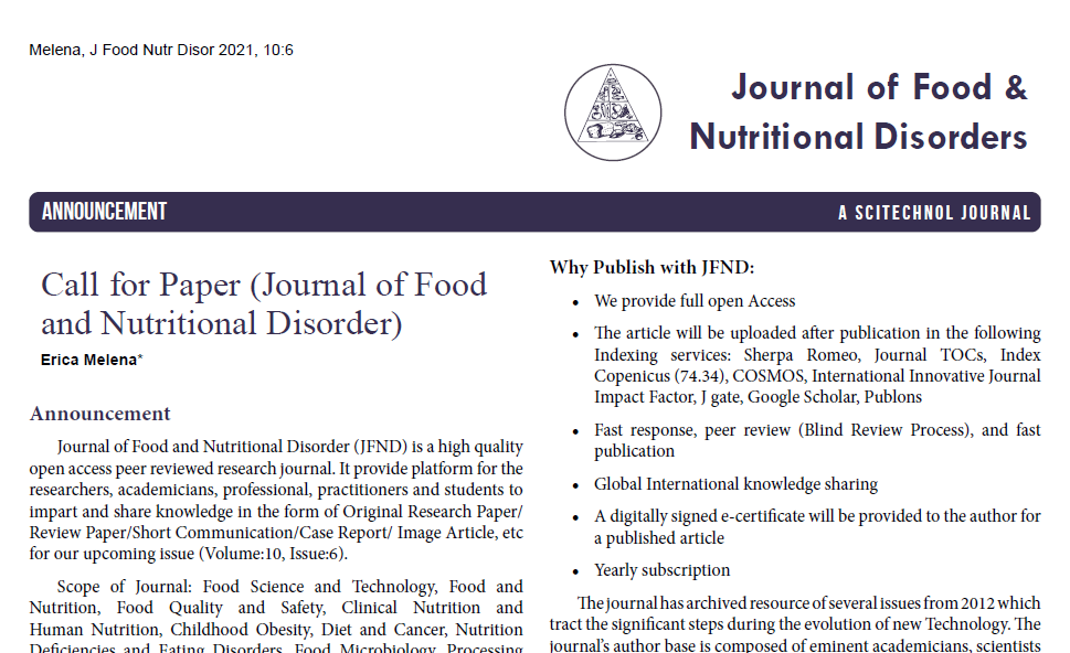 Call for Paper (Journal of Food and Nutritional Disorder)