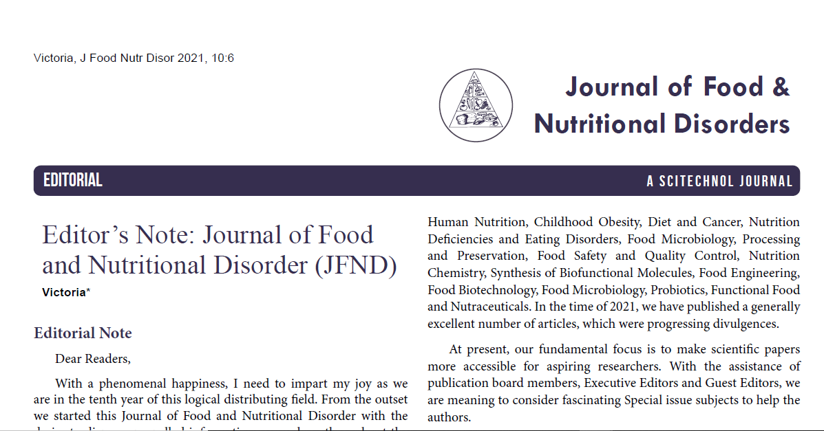 Editorâ€™s Note: Journal of Food and Nutritional Disorder (JFND)