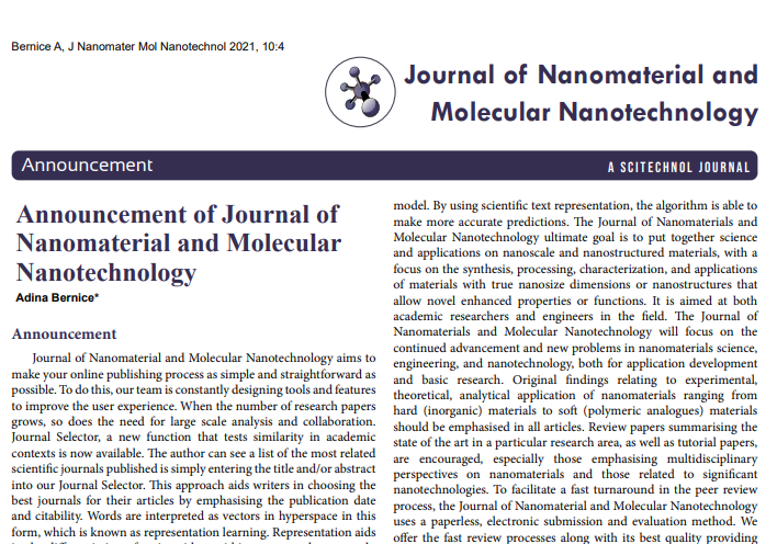 Announcement of Journal of Nanomaterial and Molecular Nanotechnology