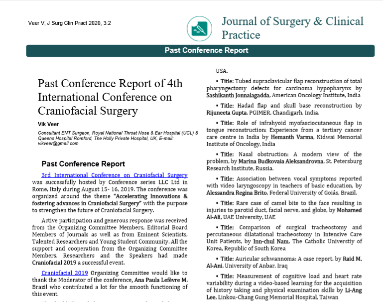 Past Conference Report of 4th International Conference on Craniofacial Surgery