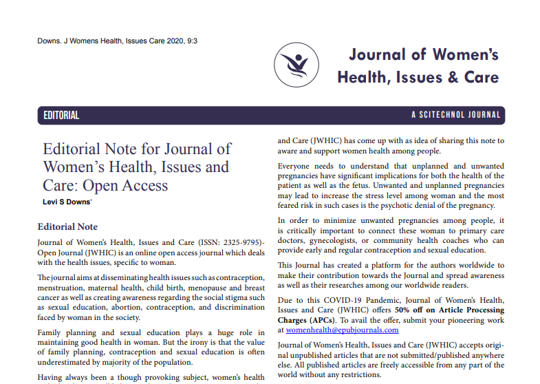 Editorial Note for Journal of Women's Health, Issues and Care: Open Access
