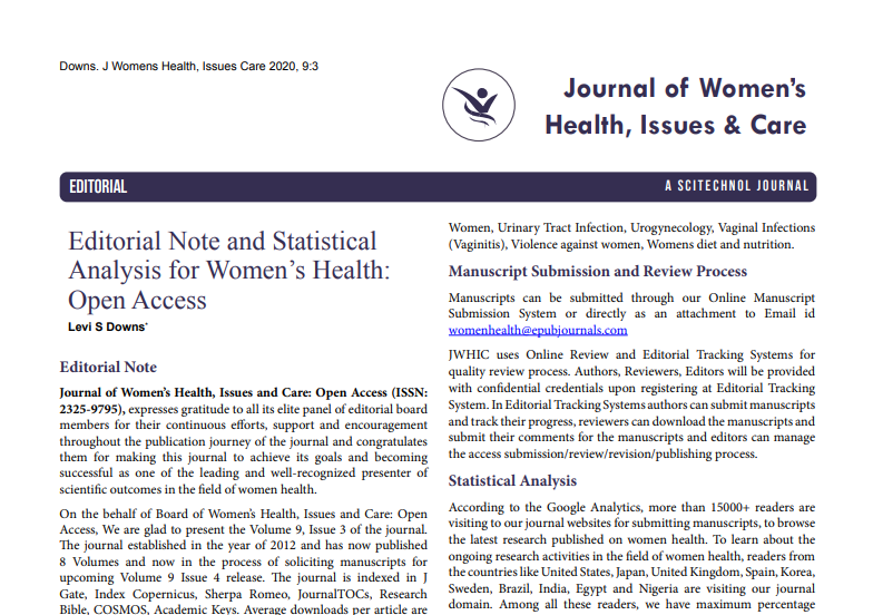 Editorial Note and Statistical Analysis for Women's Health: Open Access