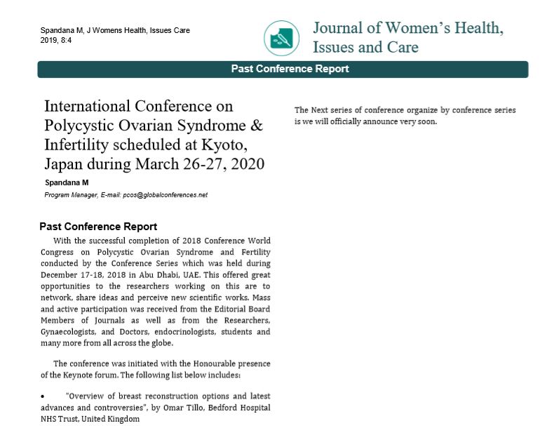 International Conference on Polycystic Ovarian Syndrome & Infertility scheduled at Kyoto, Japan during March 26-27, 2020