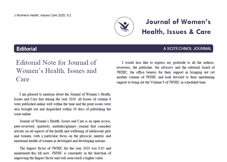 Editorial Note for Journal of Women's Health, Issues and Care